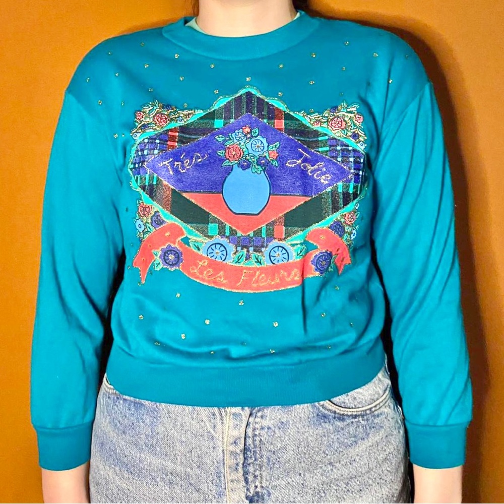 Vintage 90s green glittery French flowers youth sweatshirt 🌹